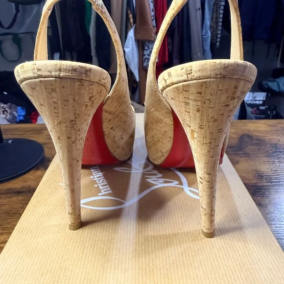 Christian Louboutin Peep-Toe Slingbacks So Private 120 All Cork 35.5/36 - Picture 12 of 16